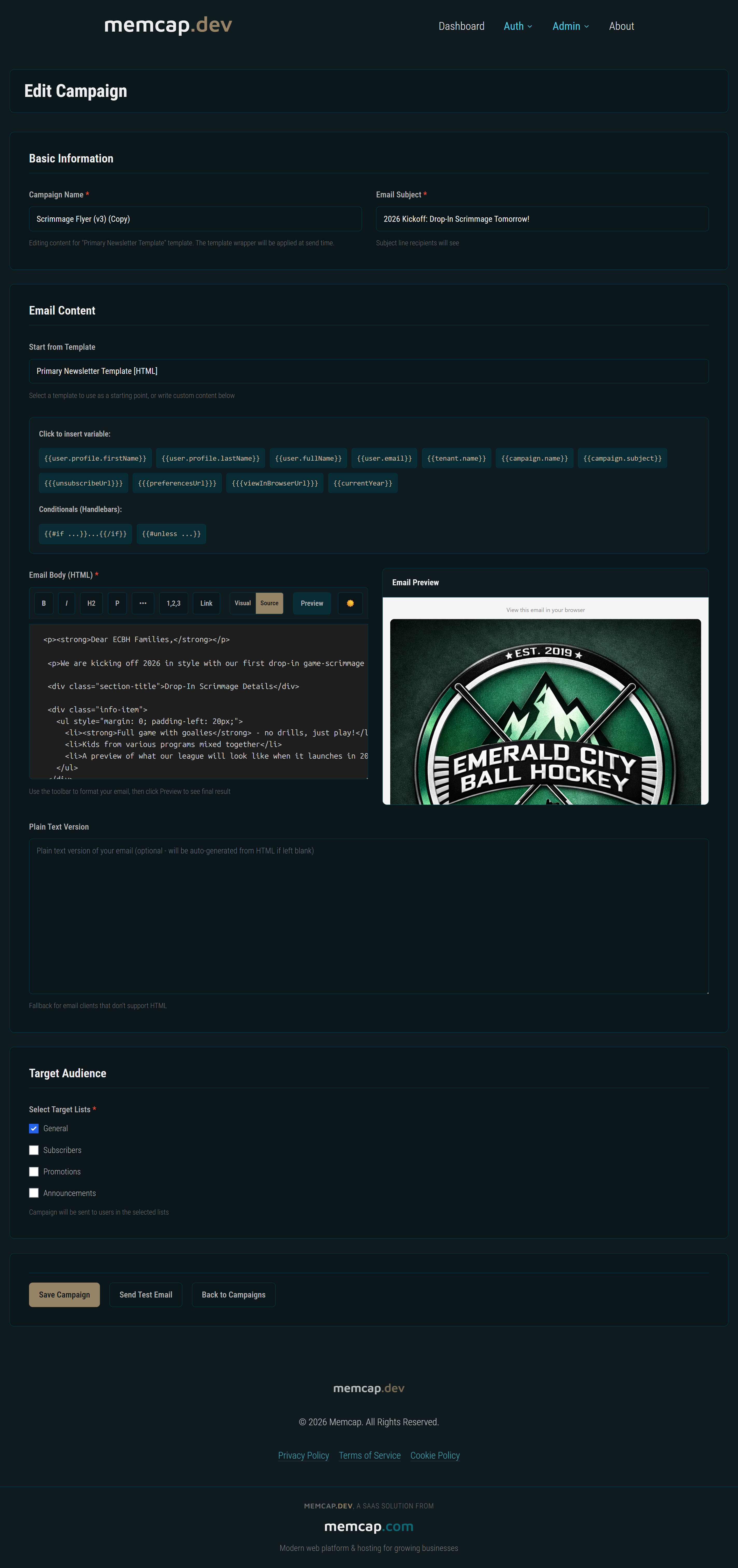 Memcap Mail campaign editor showing email template builder with live preview