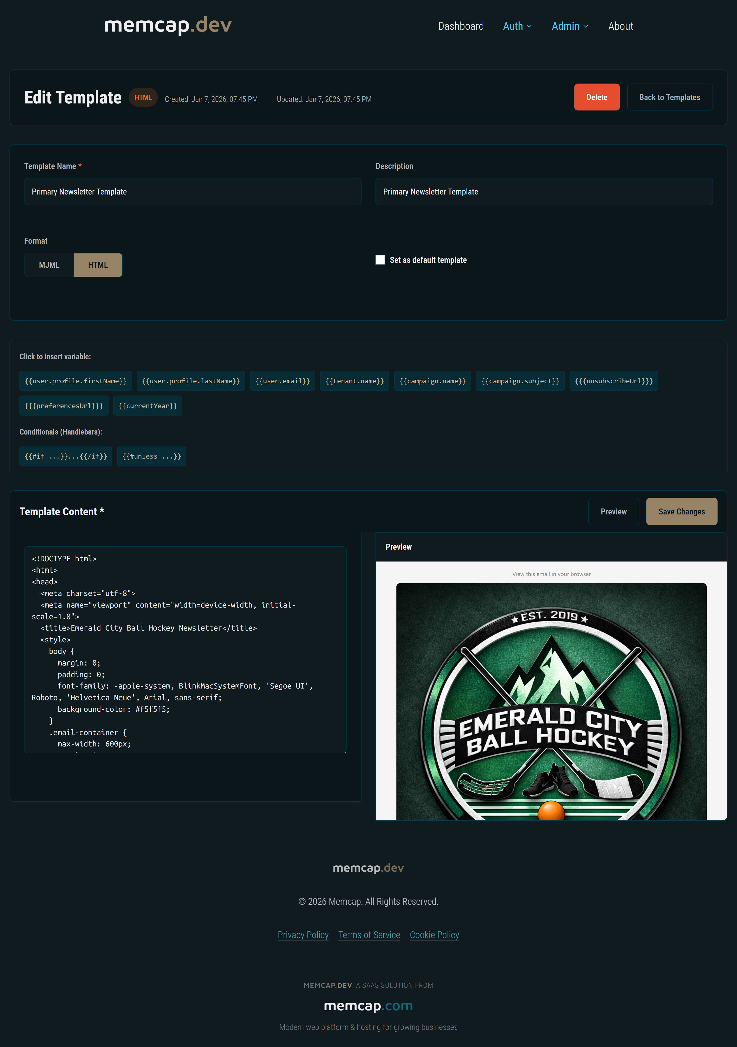 Memcap Mail template editor with HTML code view and live preview